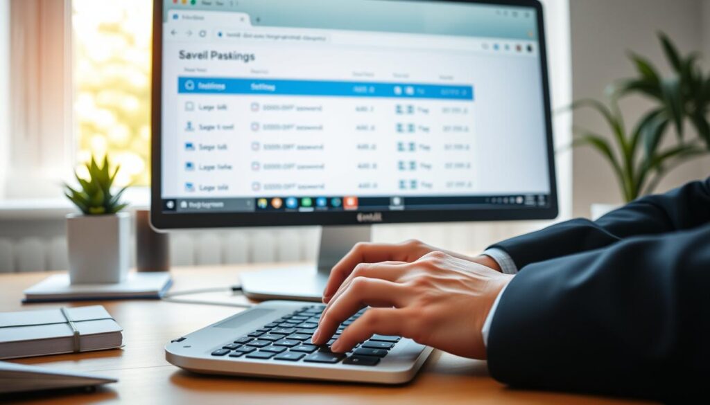 A close-up view of a computer screen displaying an email settings page in a web browser. The screen is filled with a modern interface showcasing saved passwords, organized neatly in rows with icons and colored backgrounds for easy navigation. In the foreground, a pair of hands in a professional business attire is typing on a sleek keyboard. The middle of the image showcases the vibrant interface of the browsing software, with tabs and a settings icon highlighted. The background features a softly blurred workspace, including a tidy desk with a notepad and a plant, illuminated by natural light streaming from a window. The atmosphere is professional and focused, with a sense of contemporary technology and security. A close-up view of a computer screen displaying an email settings page in a web browser. The screen is filled with a modern interface showcasing saved passwords, organized neatly in rows with icons and colored backgrounds for easy navigation. In the foreground, a pair of hands in a professional business attire is typing on a sleek keyboard. The middle of the image showcases the vibrant interface of the browsing software, with tabs and a settings icon highlighted. The background features a softly blurred workspace, including a tidy desk with a notepad and a plant, illuminated by natural light streaming from a window. The atmosphere is professional and focused, with a sense of contemporary technology and security.