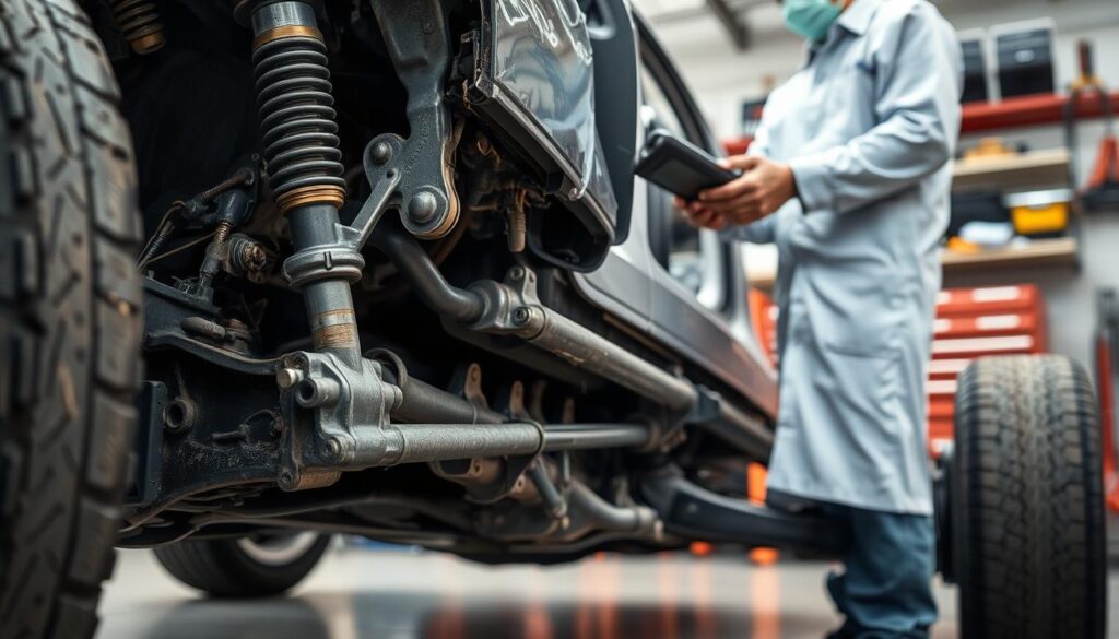 A close-up view of a damaged vehicle's chassis, showcasing detailed components like the suspension system, undercarriage, and wheels. The focus is on the intricate mechanical parts, highlighting the extent of damage with visible scratches and dents, illuminated by soft, natural lighting to emphasize textures and reflections. Include a professional mechanic in clean, modest work attire examining the chassis using technical equipment, such as a diagnostic tool. The background features a well-organized garage workspace, with tools and equipment subtly blurred to keep attention on the vehicle and the mechanic. The overall atmosphere conveys a sense of professionalism and thoroughness in the evaluation process.
