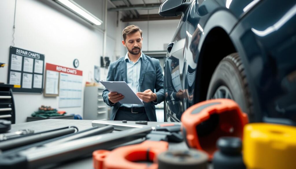 A close-up view of a professional auto repair shop scene, focusing on a car with damage being assessed by a business-attired technician holding a clipboard. In the foreground, tools and spare parts are neatly arranged on a workbench, emphasizing the repair process. The middle ground shows the technician analyzing the vehicle's exterior, highlighting visible dents and scratches. In the background, the shop is well-lit with fluorescent lights, casting a bright and organized atmosphere. There's a wall with repair charts and a computer station displaying estimates, portraying a sense of professionalism and accuracy. The overall mood is focused and technical, illustrating the theme of damage assessment and repair costs.