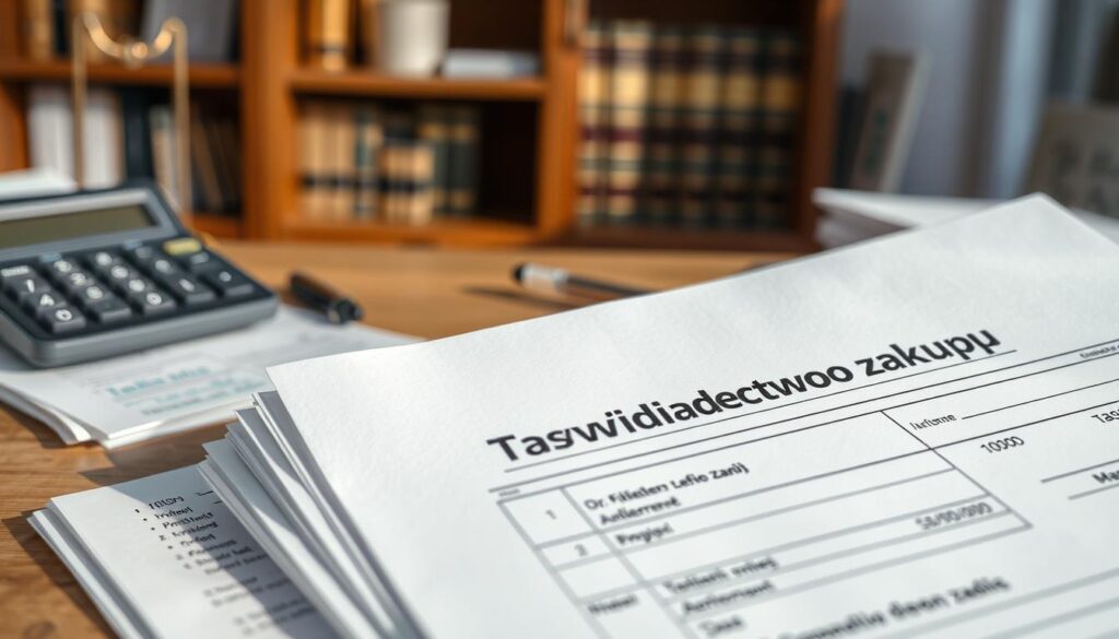 A close-up view of a "świadectwo zakupu" document, prominently featuring its sections and detailed formatting in a professional layout. In the foreground, a neatly arranged stack of invoices and receipts with visible itemized lists and numbers, reflecting meticulous record-keeping. In the middle ground, a blurred office environment with a wooden desk, a classic calculator, and a pen, suggesting a workspace dedicated to financial matters. The background includes a softly lit bookshelf filled with legal texts, imparting an atmosphere of authority and seriousness. Use natural light to create soft shadows and highlights, enhancing the document's importance within the composition. The overall mood should convey professionalism, reliability, and the significance of financial transparency in legal disputes.