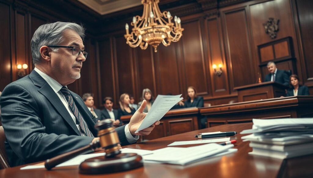 A courtroom scene focused on the impact of personal injury claims, with a middle-aged professional man in a tailored suit discussing the implications of liability. In the foreground, a lawyer's desk is cluttered with legal documents and a gavel. The middle ground features the lawyer passionately presenting evidence to a group of attentive jurors, with expressions of concern and empathy on their faces. The background displays a judge seated at a bench, looking contemplative. The room is illuminated by warm, soft lighting from an ornate chandelier, creating a serious yet hopeful atmosphere. The angle is slightly low, emphasizing the gravity of the situation without including any text or distractions. The overall mood is one of tension mingled with anticipation for justice.