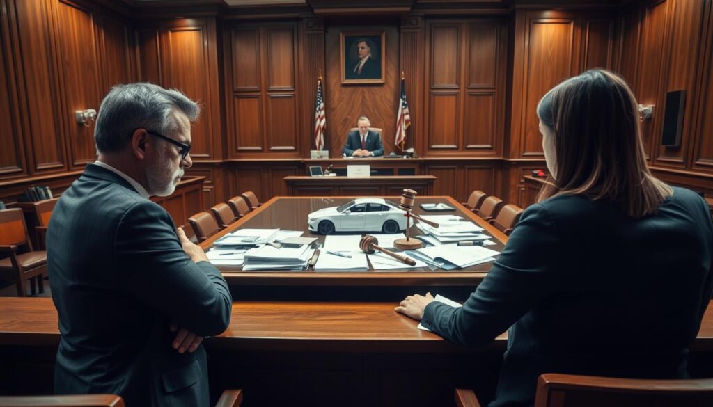 A courtroom scene highlighting the theme of "responsibility for lack of a car." In the foreground, a business professional in a suit is solemnly discussing with a concerned client, both expressing frustration over legal matters. In the middle ground, a judge presides over the case, surrounded by legal documents and evidence related to a car accident. A large table is scattered with paperwork, a model car, and a gavel resting prominently. In the background, the courtroom's impressive wooden architecture is illuminated by soft, diffused lighting, creating a serious and contemplative atmosphere. Capture the tension and seriousness of legal discussions regarding claims, with a focus on the implications of not having a vehicle during the recovery period. The angle is slightly elevated, providing a comprehensive view of this intense, formal setting.
