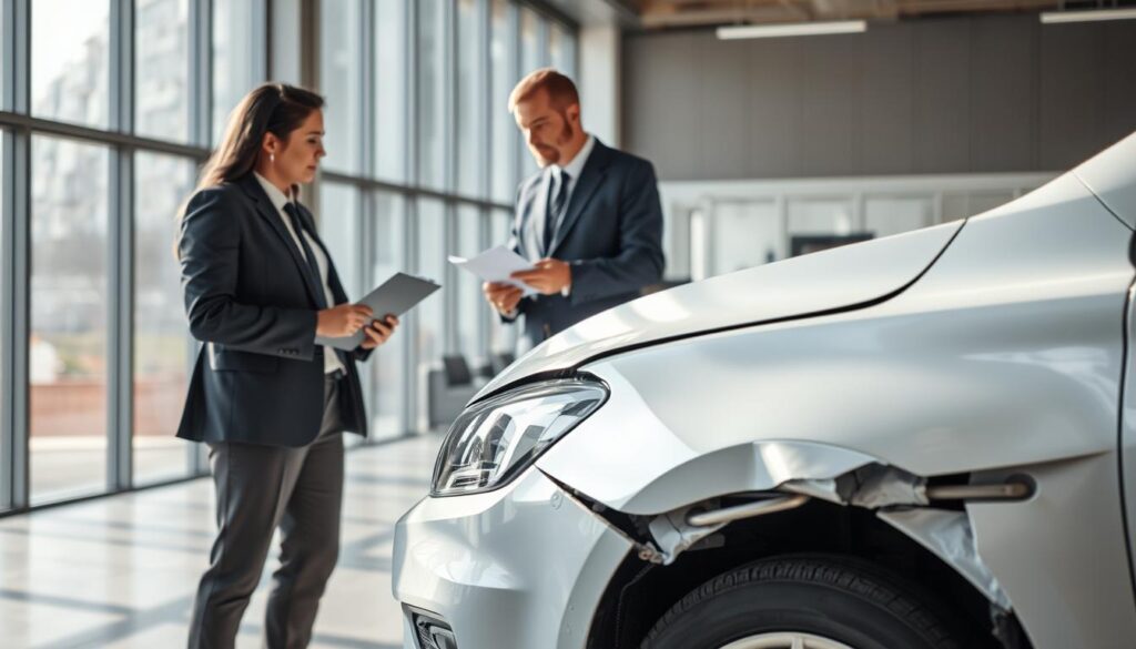 A damaged car is parked beside a professional-looking office setting. In the foreground, a person dressed in smart business attire, holding a clipboard, is discussing the damage with a vehicle appraisal expert. The expert, also in business attire, is examining the car and taking notes, showcasing their expertise. In the middle ground, the car shows visible scratches and dents, with a clear view of its details, highlighting the extent of the damage. The background features a modern office with large windows, allowing natural light to flood the scene, creating a professional and serious atmosphere. The overall mood is focused and analytical, capturing the essence of selecting a qualified expert for a vehicle damage assessment. A damaged car is parked beside a professional-looking office setting. In the foreground, a person dressed in smart business attire, holding a clipboard, is discussing the damage with a vehicle appraisal expert. The expert, also in business attire, is examining the car and taking notes, showcasing their expertise. In the middle ground, the car shows visible scratches and dents, with a clear view of its details, highlighting the extent of the damage. The background features a modern office with large windows, allowing natural light to flood the scene, creating a professional and serious atmosphere. The overall mood is focused and analytical, capturing the essence of selecting a qualified expert for a vehicle damage assessment.