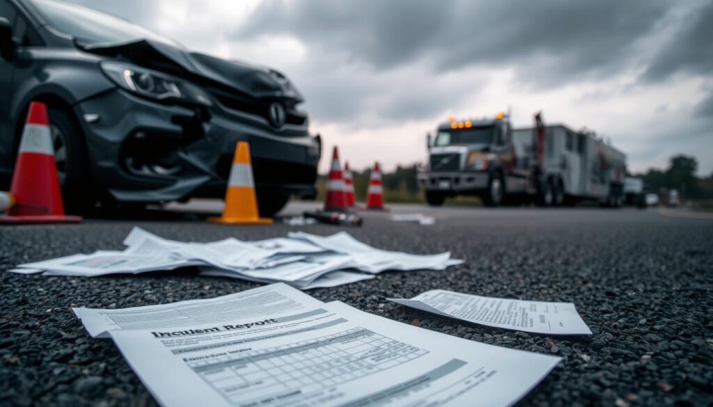A damaged car parked on the side of a road after an accident, showcasing visible dents, shattered glass, and a crumpled front end. In the foreground, scattered documents including an accident report and insurance papers lie on the asphalt, some partially blown by the wind. The middle ground features emergency cones and a blurred silhouette of a tow truck, hinting at ongoing assistance. In the background, a gray sky suggests impending rain, casting a somber mood over the scene. The lighting is diffused and soft, reminiscent of an overcast day, adding to the seriousness of the moment. The perspective is slightly angled, emphasizing both the damaged vehicle and the documents for a balanced composition.