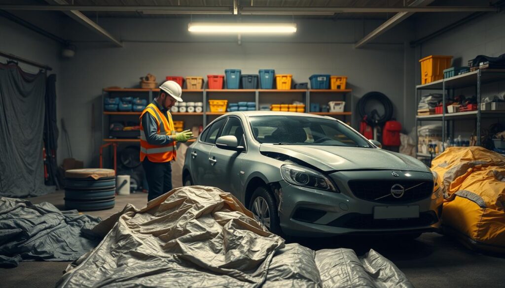 A damaged car parked securely in a well-lit garage, surrounded by protective materials like tarps and cushions. In the foreground, focus on the car showing visible signs of wear, with a professional technician wearing a safety helmet and a high-visibility vest inspecting it carefully. The middle ground includes various tools and safety equipment neatly organized, ready for vehicle preservation methods. The background features shelves with automotive supplies and a soft overhead light that casts a warm glow, emulating a sense of safety and care. The atmosphere is serious yet hopeful, emphasizing the importance of protecting the vehicle from further damage. Use a wide-angle lens to capture the entire scene, reinforcing the message of careful protection. A damaged car parked securely in a well-lit garage, surrounded by protective materials like tarps and cushions. In the foreground, focus on the car showing visible signs of wear, with a professional technician wearing a safety helmet and a high-visibility vest inspecting it carefully. The middle ground includes various tools and safety equipment neatly organized, ready for vehicle preservation methods. The background features shelves with automotive supplies and a soft overhead light that casts a warm glow, emulating a sense of safety and care. The atmosphere is serious yet hopeful, emphasizing the importance of protecting the vehicle from further damage. Use a wide-angle lens to capture the entire scene, reinforcing the message of careful protection.