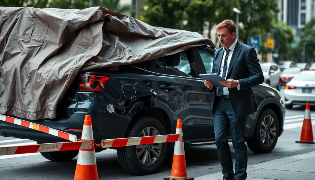 A damaged vehicle secured by a protective tarp, showcasing noticeable dents and scratches on the body, parked in an urban environment. In the foreground, a concerned professional in smart casual attire examines the vehicle with a clipboard, reflecting an atmosphere of responsibility. In the middle, a makeshift barrier made of cones surrounds the vehicle, symbolizing caution. The background features a busy city street with blurred traffic, indicating the hectic nature of urban life. Soft, natural lighting filters in from the side, casting gentle shadows and highlighting the textures of the vehicle and surroundings. The mood conveys urgency and awareness, emphasizing the importance of safeguarding a damaged vehicle from further harm. A damaged vehicle secured by a protective tarp, showcasing noticeable dents and scratches on the body, parked in an urban environment. In the foreground, a concerned professional in smart casual attire examines the vehicle with a clipboard, reflecting an atmosphere of responsibility. In the middle, a makeshift barrier made of cones surrounds the vehicle, symbolizing caution. The background features a busy city street with blurred traffic, indicating the hectic nature of urban life. Soft, natural lighting filters in from the side, casting gentle shadows and highlighting the textures of the vehicle and surroundings. The mood conveys urgency and awareness, emphasizing the importance of safeguarding a damaged vehicle from further harm.