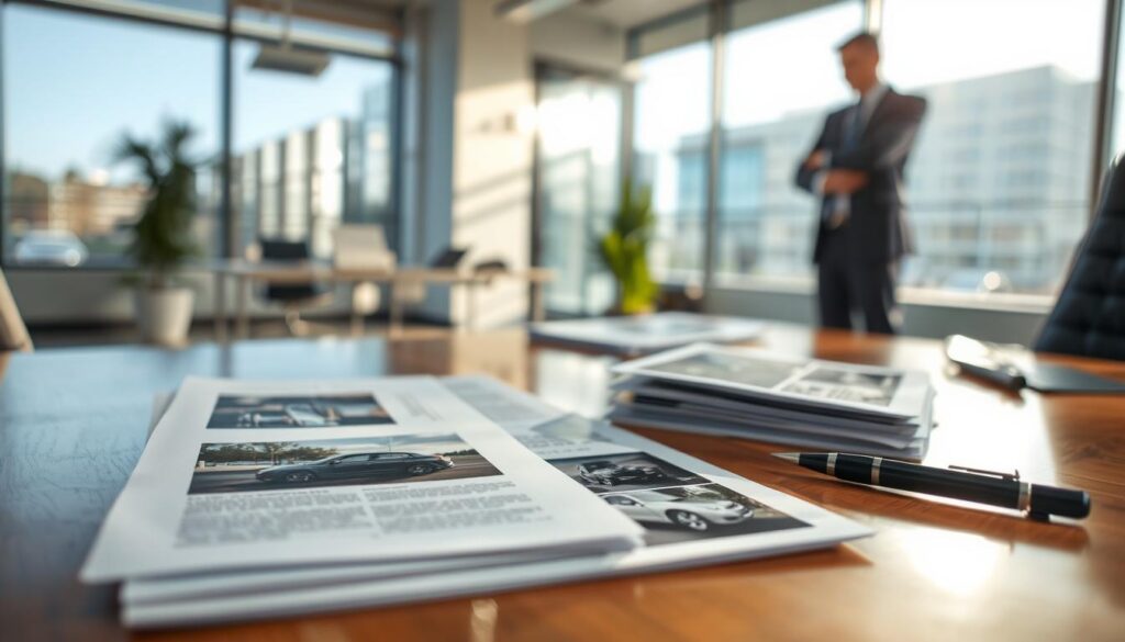 A detailed and professional office scene showcasing a collection of documents and photographs used as evidence of vehicle damage after an accident. In the foreground, a neatly organized stack of official papers lies on a polished wooden desk, alongside a few clear photographs capturing the damaged vehicle from different angles. In the middle ground, a business professional, dressed in a crisp suit, is examining the documents intently, highlighting the importance of an independent technical assessment. The background features a modern office space with large windows allowing natural light to flood in, creating a bright and focused atmosphere. Soft shadows and a shallow depth of field emphasize the documents and the professional, lending a sense of urgency and seriousness to the scene.