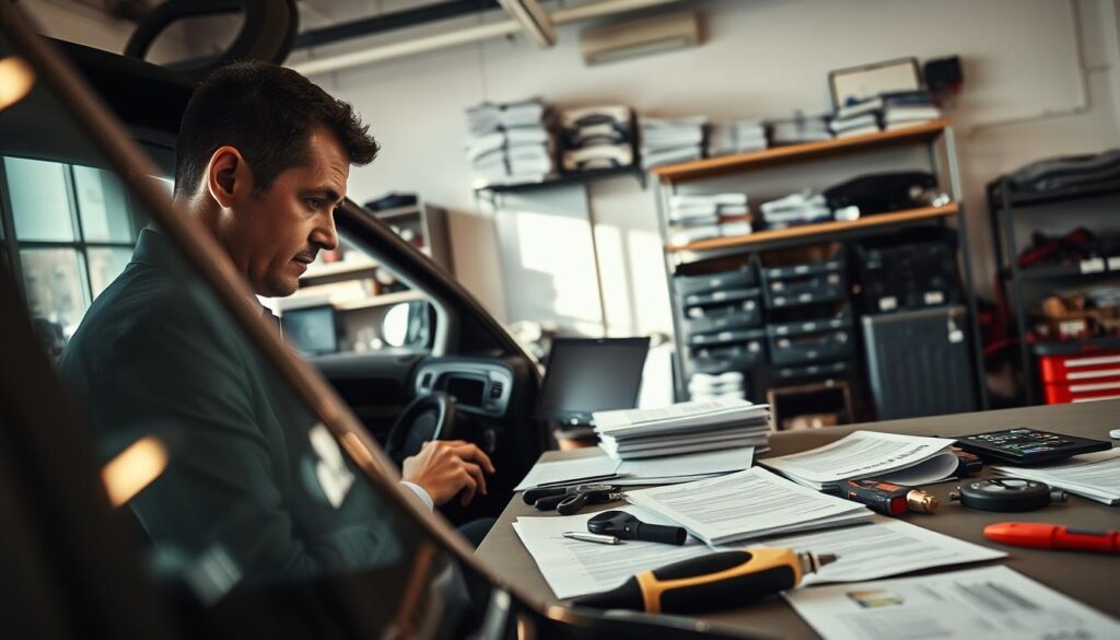 A detailed and professional scene depicting a car assessment process in a well-lit automotive workshop. In the foreground, a focused technician, wearing a business attire, meticulously examines a car's interior, showcasing an expert level of scrutiny. The middle ground features various diagnostic tools and paperwork scattered on a workbench, symbolizing the need for separate documentation regarding vehicle depreciation and replacement vehicles. In the background, shelves filled with automotive manuals and parts create a sense of technical expertise. Soft, natural lighting filters through a nearby window, casting gentle shadows, enhancing the serious and professional mood of the environment, designed to inspire trust and reliability in automotive assessments. A detailed and professional scene depicting a car assessment process in a well-lit automotive workshop. In the foreground, a focused technician, wearing a business attire, meticulously examines a car's interior, showcasing an expert level of scrutiny. The middle ground features various diagnostic tools and paperwork scattered on a workbench, symbolizing the need for separate documentation regarding vehicle depreciation and replacement vehicles. In the background, shelves filled with automotive manuals and parts create a sense of technical expertise. Soft, natural lighting filters through a nearby window, casting gentle shadows, enhancing the serious and professional mood of the environment, designed to inspire trust and reliability in automotive assessments.