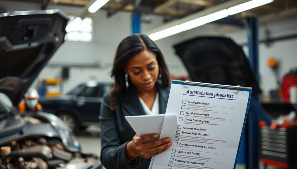 A detailed checklist titled "Qualifications for Automotive Experts," prominently displayed in the foreground, featuring items such as "Certification," "Experience," and "Technical Knowledge" in an organized layout. The middle ground features a professional automotive expert in business attire, a diverse Black woman, reviewing the checklist with a focused expression, surrounded by automotive tools and equipment. The background includes a well-lit garage setting, with a few vehicles in the shadows, adding depth and context. The lighting is bright but soft, creating a professional atmosphere that conveys diligence and expertise. The angle is slightly overhead, providing a clear view of both the checklist and the expert at work, blending elements of professionalism with an engaging setting. A detailed checklist titled "Qualifications for Automotive Experts," prominently displayed in the foreground, featuring items such as "Certification," "Experience," and "Technical Knowledge" in an organized layout. The middle ground features a professional automotive expert in business attire, a diverse Black woman, reviewing the checklist with a focused expression, surrounded by automotive tools and equipment. The background includes a well-lit garage setting, with a few vehicles in the shadows, adding depth and context. The lighting is bright but soft, creating a professional atmosphere that conveys diligence and expertise. The angle is slightly overhead, providing a clear view of both the checklist and the expert at work, blending elements of professionalism with an engaging setting.