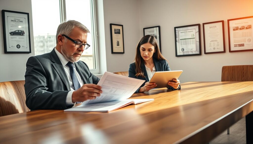 A detailed comparison image depicting a vehicle appraisal expert and an insurance adjuster engaged in a serious discussion at a large wooden table. In the foreground, the expert, a middle-aged man in a formal suit, examines a detailed vehicle assessment report, while the insurance adjuster, a young woman in professional attire, focuses on a digital tablet showing insurance quotes. The background features a large window with natural light streaming in, casting a warm glow over the room. On a nearby wall, framed certificates and technical diagrams related to vehicle assessments can be seen. The overall atmosphere is professional and analytical, highlighting the importance of accurate evaluations in insurance claims. The image should convey a sense of collaboration and diligence, avoiding any distractions or unnecessary elements.