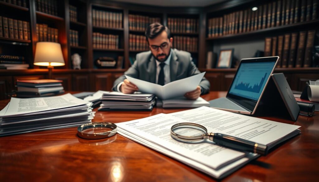 A detailed desk scene for a court case preparation, featuring neatly organized documents, expert opinions, and technical reports on a polished wooden surface. In the foreground, there are stacks of clearly labeled folders, a magnifying glass, and a laptop displaying analytical graphs. The middle ground captures a professional individual in business attire, reviewing papers with a focused expression, surrounded by a dimly lit office atmosphere that conveys a sense of seriousness and diligence. Soft overhead lighting highlights the texture of the documents and the individual’s features, creating shadows that add depth. The background shows a bookshelf filled with legal texts, enhancing the scholarly environment. The overall mood is one of professionalism and meticulousness, ideal for a technical review before a court case related to compensation analysis. A detailed desk scene for a court case preparation, featuring neatly organized documents, expert opinions, and technical reports on a polished wooden surface. In the foreground, there are stacks of clearly labeled folders, a magnifying glass, and a laptop displaying analytical graphs. The middle ground captures a professional individual in business attire, reviewing papers with a focused expression, surrounded by a dimly lit office atmosphere that conveys a sense of seriousness and diligence. Soft overhead lighting highlights the texture of the documents and the individual’s features, creating shadows that add depth. The background shows a bookshelf filled with legal texts, enhancing the scholarly environment. The overall mood is one of professionalism and meticulousness, ideal for a technical review before a court case related to compensation analysis.