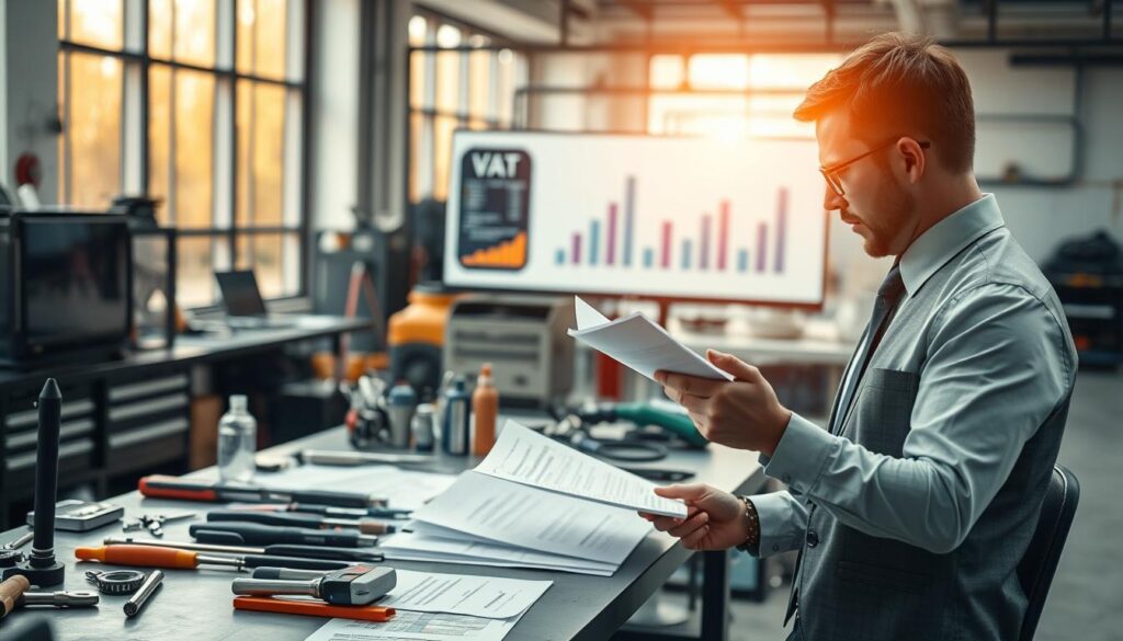 A detailed illustration of VAT (Value Added Tax) in the context of repair processes. In the foreground, depict a professional setting with a businessperson in smart attire analyzing paperwork related to VAT in a modern office environment. In the middle ground, show a workbench with various repair tools and equipment to symbolize the repair processes, while charts and graphs of VAT calculations can be seen engagingly displayed on a screen nearby. The background includes large windows letting in warm natural light, creating an inviting atmosphere. Use a slightly tilted angle to emphasize depth, with soft focus on the background, and capture a mood of productivity and professional engagement, highlighting the importance of VAT in operational efficiency. A detailed illustration of VAT (Value Added Tax) in the context of repair processes. In the foreground, depict a professional setting with a businessperson in smart attire analyzing paperwork related to VAT in a modern office environment. In the middle ground, show a workbench with various repair tools and equipment to symbolize the repair processes, while charts and graphs of VAT calculations can be seen engagingly displayed on a screen nearby. The background includes large windows letting in warm natural light, creating an inviting atmosphere. Use a slightly tilted angle to emphasize depth, with soft focus on the background, and capture a mood of productivity and professional engagement, highlighting the importance of VAT in operational efficiency.