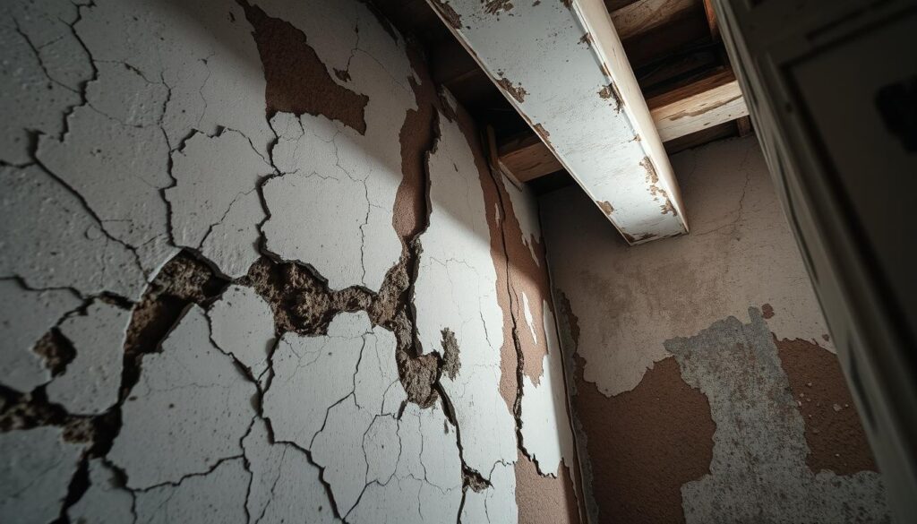 A detailed image of hidden water damage in a building, prominently featuring cracked walls and peeling paint in the foreground. The middle ground includes a close-up of damp areas where mold is beginning to form, highlighting the signs of structural compromise. The background shows a partially exposed beam with water stains, illuminated by soft, diffused lighting to emphasize the textures and deterioration. The camera angle is slightly tilted, giving an unsettling yet informative perspective, enhancing the mood of urgency and concern about the building’s integrity. The scene conveys a professional and technical atmosphere, suited for an evaluation report. A detailed image of hidden water damage in a building, prominently featuring cracked walls and peeling paint in the foreground. The middle ground includes a close-up of damp areas where mold is beginning to form, highlighting the signs of structural compromise. The background shows a partially exposed beam with water stains, illuminated by soft, diffused lighting to emphasize the textures and deterioration. The camera angle is slightly tilted, giving an unsettling yet informative perspective, enhancing the mood of urgency and concern about the building’s integrity. The scene conveys a professional and technical atmosphere, suited for an evaluation report.