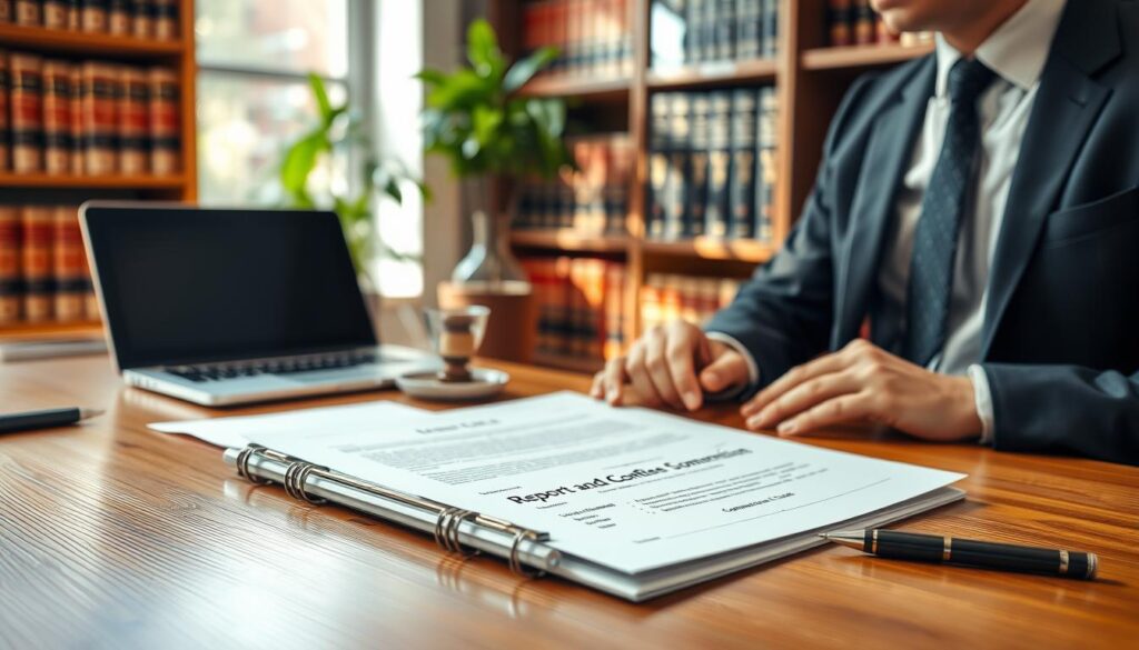 A detailed office scene depicting a formal document titled "Report and Confirmation of Document Submission to Insurer" prominently on a wooden desk, surrounded by a laptop, a cup of coffee, and a pen. In the foreground, a professional-looking individual in business attire, such as a suit and tie, is intently reviewing the document. In the middle, soft natural light streams through a nearby window, creating a warm and inviting atmosphere, while greenery from a potted plant adds a touch of color. The background includes blurred bookshelves filled with legal volumes, enhancing the sense of professionalism and seriousness. The overall mood is focused and diligent, reflecting the importance of technical expertise in the context of insurance claims.
