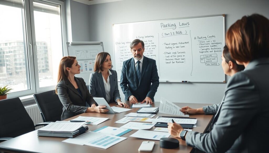 A detailed office scene depicting a professional meeting environment focused on legal discussions about parking regulations under § 249 BGB. In the foreground, a diverse group of three individuals in business attire, including a male lawyer discussing the implications of recent legislative changes on parking costs. The middle section features a large table with documents, graphs, and receipts, symbolizing the importance of keeping records and proofs. The background shows a whiteboard with notes and bullet points on parking laws, and a window with natural daylight streaming in, creating a bright and serious atmosphere. The angle is slightly overhead, capturing the collaboration and focus of the discussion. The mood is professional and serious, reflecting the importance of legal compliance and financial documentation. A detailed office scene depicting a professional meeting environment focused on legal discussions about parking regulations under § 249 BGB. In the foreground, a diverse group of three individuals in business attire, including a male lawyer discussing the implications of recent legislative changes on parking costs. The middle section features a large table with documents, graphs, and receipts, symbolizing the importance of keeping records and proofs. The background shows a whiteboard with notes and bullet points on parking laws, and a window with natural daylight streaming in, creating a bright and serious atmosphere. The angle is slightly overhead, capturing the collaboration and focus of the discussion. The mood is professional and serious, reflecting the importance of legal compliance and financial documentation.