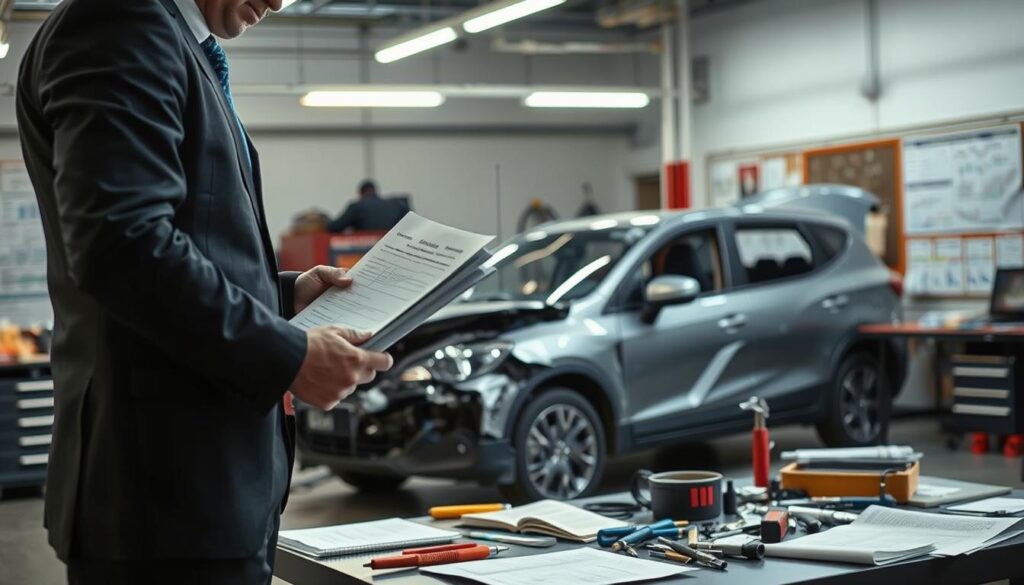 A detailed scene depicting a car accident aftermath at an automotive repair shop. In the foreground, a professional in business attire examines damaged vehicle parts, holding paperwork that represents damage assessment documents. In the middle ground, a visibly damaged car is positioned under bright fluorescent lighting, revealing dented panels and shattered glass. Surrounding the car, various tools and equipment hint at an ongoing technical evaluation process. The background features an organized workspace with charts and technical manuals related to car damage assessment visibly displayed. The atmosphere is serious yet focused, embodying the importance of thorough technical expertise in insurance claims, emphasized by a soft focus on the background elements to direct attention to the expert and the damaged vehicle. A detailed scene depicting a car accident aftermath at an automotive repair shop. In the foreground, a professional in business attire examines damaged vehicle parts, holding paperwork that represents damage assessment documents. In the middle ground, a visibly damaged car is positioned under bright fluorescent lighting, revealing dented panels and shattered glass. Surrounding the car, various tools and equipment hint at an ongoing technical evaluation process. The background features an organized workspace with charts and technical manuals related to car damage assessment visibly displayed. The atmosphere is serious yet focused, embodying the importance of thorough technical expertise in insurance claims, emphasized by a soft focus on the background elements to direct attention to the expert and the damaged vehicle.