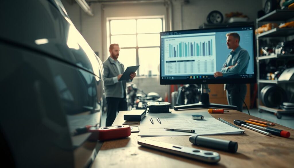 A detailed scene depicting a damaged car after an accident, illustrating the concept of "Remaining Value and Repair Costs." In the foreground, a close-up of a mechanic inspecting the car’s dented fender, with tools laid out on a workshop table. In the middle ground, a computer screen displays technical diagrams and cost estimates, while an estimator reviews them thoughtfully. The background features a well-lit garage environment, showcasing various car parts and repair tools. Soft, natural light filters in through a window, creating a focused yet professional atmosphere. The mood conveys urgency and expertise, emphasizing the importance of accurate assessment and repair in automotive accidents. A detailed scene depicting a damaged car after an accident, illustrating the concept of "Remaining Value and Repair Costs." In the foreground, a close-up of a mechanic inspecting the car’s dented fender, with tools laid out on a workshop table. In the middle ground, a computer screen displays technical diagrams and cost estimates, while an estimator reviews them thoughtfully. The background features a well-lit garage environment, showcasing various car parts and repair tools. Soft, natural light filters in through a window, creating a focused yet professional atmosphere. The mood conveys urgency and expertise, emphasizing the importance of accurate assessment and repair in automotive accidents.
