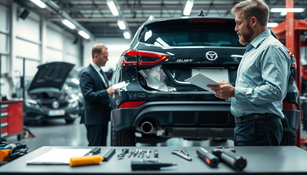A detailed scene depicting a damaged vehicle in an automotive garage setting. The foreground features an expert in a professional business outfit examining the vehicle's rear with a focus on the area showing signs of denting and potential hidden damage. A clipboard in hand, the expert scrutinizes the vehicle, reflecting concern and thoroughness. In the middle ground, tools and equipment are arranged neatly on a workbench, while a bright overhead light casts a focused, bright illumination on the vehicle. The background showcases a spacious garage with other vehicles undergoing inspections, enhancing the technical atmosphere of the scene. The overall mood is one of diligence and meticulousness, capturing the essence of a technical assessment. A detailed scene depicting a damaged vehicle in an automotive garage setting. The foreground features an expert in a professional business outfit examining the vehicle's rear with a focus on the area showing signs of denting and potential hidden damage. A clipboard in hand, the expert scrutinizes the vehicle, reflecting concern and thoroughness. In the middle ground, tools and equipment are arranged neatly on a workbench, while a bright overhead light casts a focused, bright illumination on the vehicle. The background showcases a spacious garage with other vehicles undergoing inspections, enhancing the technical atmosphere of the scene. The overall mood is one of diligence and meticulousness, capturing the essence of a technical assessment.