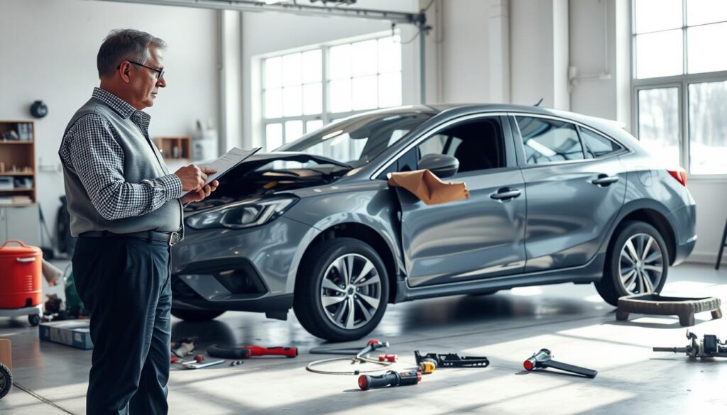 A detailed scene depicting a professional automotive expert inspecting a damaged car in a well-lit garage. The foreground features the expert, a middle-aged individual in a smart, casual outfit holding a clipboard and examining the vehicle's exterior closely. In the middle ground, the damaged car, showing signs of minor dents and scratches, is positioned prominently. Tools and equipment are scattered nearby, indicating a thorough investigation. The background is a clean, organized workshop with ample natural light streaming in through large windows, enhancing the clarity and focus of the scene. The atmosphere conveys a sense of professionalism and diligence as the expert carefully documents the damage, creating a feeling of trust and reliability. The image captures the technical nature of assessing car damages without repair invoices.