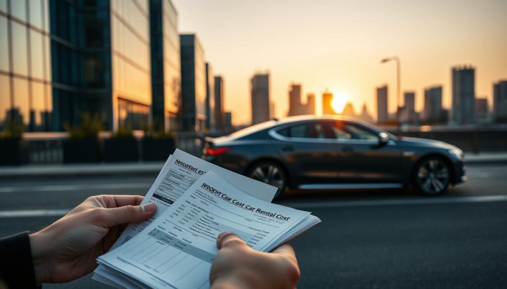 A detailed scene depicting the concept of car rental cost reimbursement. In the foreground, show a pair of hands holding a neatly arranged stack of receipts and invoices, showcasing various car rental costs. In the middle, incorporate a sleek modern car parked on a well-maintained urban street, emphasizing professionalism. In the background, a cityscape with silhouettes of office buildings during a golden hour sunset, casting a warm, inviting ambiance. Use soft lighting to highlight the textures of the receipts and the car's surface, with a slight depth of field effect to soften the background. The overall mood should feel organized and focused on financial clarity, suitable for a professional article.