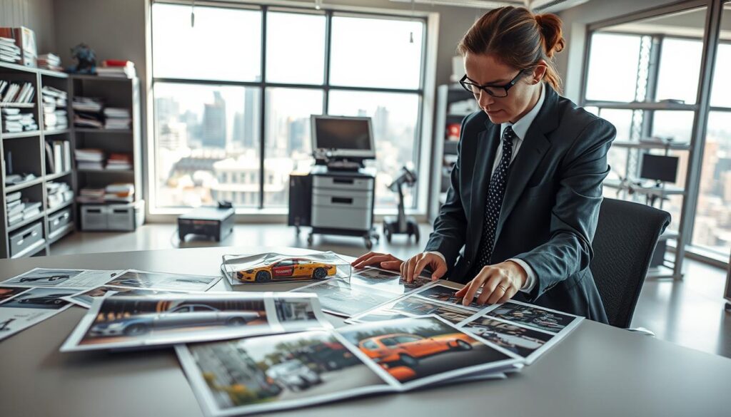 A detailed scene illustrating the process of assessing damage, set in a modern office environment. In the foreground, a business professional dressed in smart attire is examining vibrant photographs of a damaged vehicle spread out on a desk, their expression focused and analytical. The middle ground features a large, well-lit window offering a view of an urban landscape, filling the space with natural light that enhances the atmosphere of professionalism and diligence. In the background, shelves filled with technical manuals and equipment suggest expertise and thoroughness. The overall mood should convey a sense of determination and clarity, emphasizing the importance of visual documentation in evaluating damages. The angle is slightly elevated, providing a comprehensive view of the workspace without clutter. A detailed scene illustrating the process of assessing damage, set in a modern office environment. In the foreground, a business professional dressed in smart attire is examining vibrant photographs of a damaged vehicle spread out on a desk, their expression focused and analytical. The middle ground features a large, well-lit window offering a view of an urban landscape, filling the space with natural light that enhances the atmosphere of professionalism and diligence. In the background, shelves filled with technical manuals and equipment suggest expertise and thoroughness. The overall mood should convey a sense of determination and clarity, emphasizing the importance of visual documentation in evaluating damages. The angle is slightly elevated, providing a comprehensive view of the workspace without clutter.