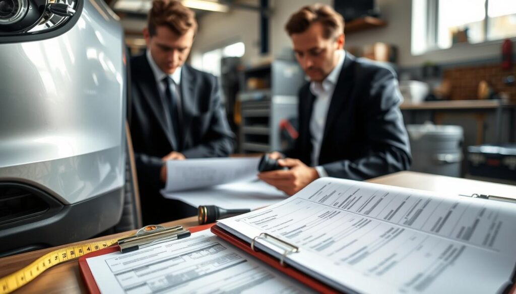A detailed scene of a car inspection before a damage assessment, featuring a professional automobile expert in business attire looking closely at the vehicle's bodywork under natural daylight. The foreground should include documents neatly arranged on a clipboard beside the car, highlighting technical specifications and damage reports. In the middle ground, show the expert carefully examining the car’s surface, with tools like a measuring tape and a camera on a nearby table. The background can display a garage environment, with tools and equipment subtly in focus. The atmosphere is serious and meticulous, underscored by soft, diffused lighting to create a sense of professionalism and focus on the assessment process.