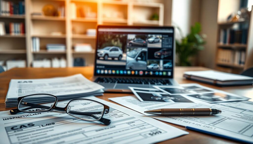 A detailed tabletop scene featuring vehicle documents, including a car registration and inspection forms, artfully arranged alongside high-quality photographs of vehicle damage. The foreground presents the documents spread out, with a pair of glasses and a pen adding a scholarly touch. In the middle layer, a laptop displays an image analysis software interface, showcasing the vehicle images being scrutinized. The background displays a blurred office environment with soft-focus bookshelves and a warm, inviting light filtering through a window, creating a professional atmosphere. The mood is analytical and focused, embodying the precision needed in vehicle assessments and insurance evaluations. The lighting is bright but soft, enhancing the clarity of the documents without harsh shadows. A detailed tabletop scene featuring vehicle documents, including a car registration and inspection forms, artfully arranged alongside high-quality photographs of vehicle damage. The foreground presents the documents spread out, with a pair of glasses and a pen adding a scholarly touch. In the middle layer, a laptop displays an image analysis software interface, showcasing the vehicle images being scrutinized. The background displays a blurred office environment with soft-focus bookshelves and a warm, inviting light filtering through a window, creating a professional atmosphere. The mood is analytical and focused, embodying the precision needed in vehicle assessments and insurance evaluations. The lighting is bright but soft, enhancing the clarity of the documents without harsh shadows.