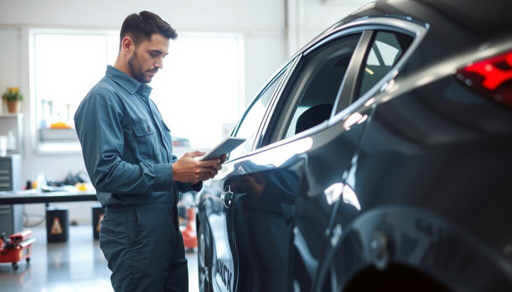A detailed technical inspection scene, showcasing a mechanic examining a damaged car in a well-lit workshop. In the foreground, a professionally dressed mechanic is focused on a car with noticeable dents and scratches, using a tablet to document the findings. The middle ground features various tools and equipment neatly arranged on a workbench, adding a sense of authenticity. In the background, a large window allows natural light to flood the space, creating a bright and clear atmosphere. The mood is analytical and professional, emphasizing the importance of thorough vehicle assessments for insurance claims. The composition should reflect a sense of clarity and focus on automotive expertise, with a lens that captures intricate details of the car's damage. A detailed technical inspection scene, showcasing a mechanic examining a damaged car in a well-lit workshop. In the foreground, a professionally dressed mechanic is focused on a car with noticeable dents and scratches, using a tablet to document the findings. The middle ground features various tools and equipment neatly arranged on a workbench, adding a sense of authenticity. In the background, a large window allows natural light to flood the space, creating a bright and clear atmosphere. The mood is analytical and professional, emphasizing the importance of thorough vehicle assessments for insurance claims. The composition should reflect a sense of clarity and focus on automotive expertise, with a lens that captures intricate details of the car's damage.