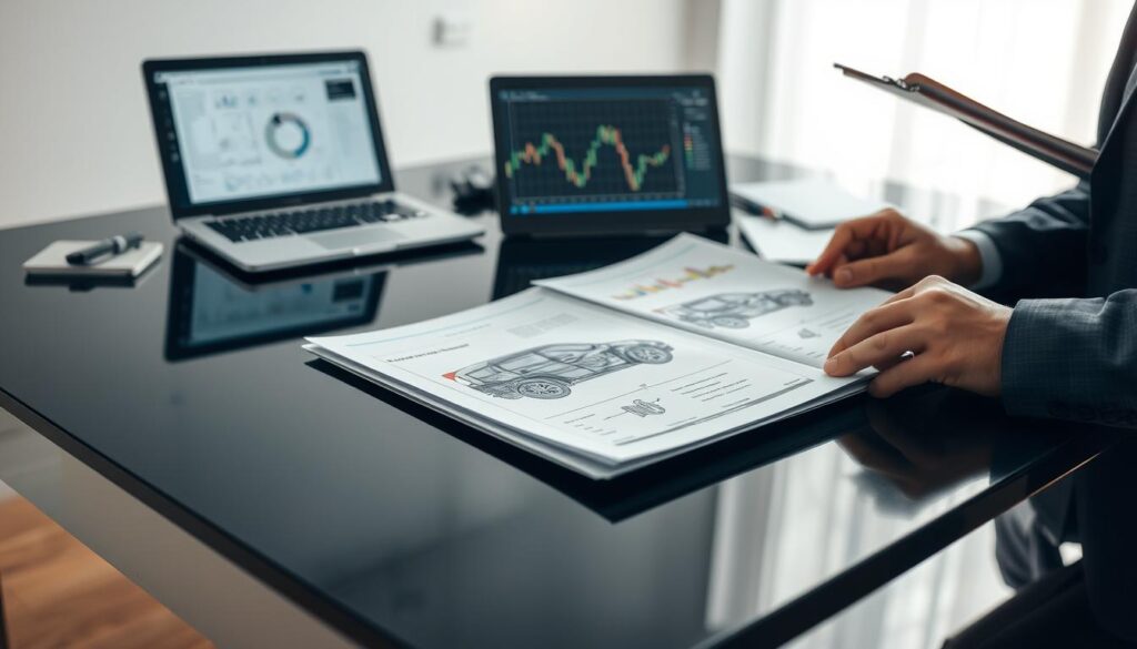 A detailed vehicle damage assessment report lying on a sleek black table, featuring intricate diagrams of a car with marked areas indicating damages, and a professional in business attire analyzing the report. In the background, an office setting with soft, diffused lighting highlights tools related to vehicle inspection, such as a laptop displaying a technical analysis, and a clipboard with notes. The mood is serious and focused, emphasizing professionalism and expertise in accident evaluation. Shot from a slightly elevated angle to capture both the report and the person’s concentration, creating an atmosphere of thorough examination and trustworthiness.