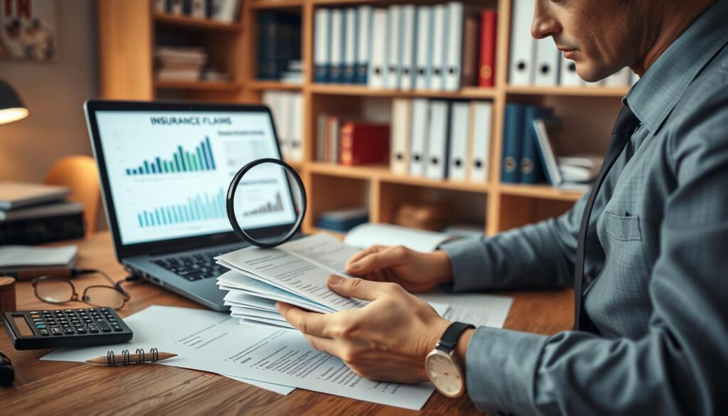 A detailed workspace scene focused on examining insurance damage documentation and cost estimates. In the foreground, a professional-looking person in business attire is seated at a desk, studying a stack of papers with a magnifying glass, highlighting various sections. The middle layer includes an open laptop displaying graphs and figures related to insurance claims, alongside a calculator and a notepad filled with notes. The background shows shelves filled with binders and books related to insurance policies. Soft, warm lighting illuminates the space, creating a focused and analytical atmosphere, while the angle captures the person's concentration and the importance of reviewing all the details of insurance claims.