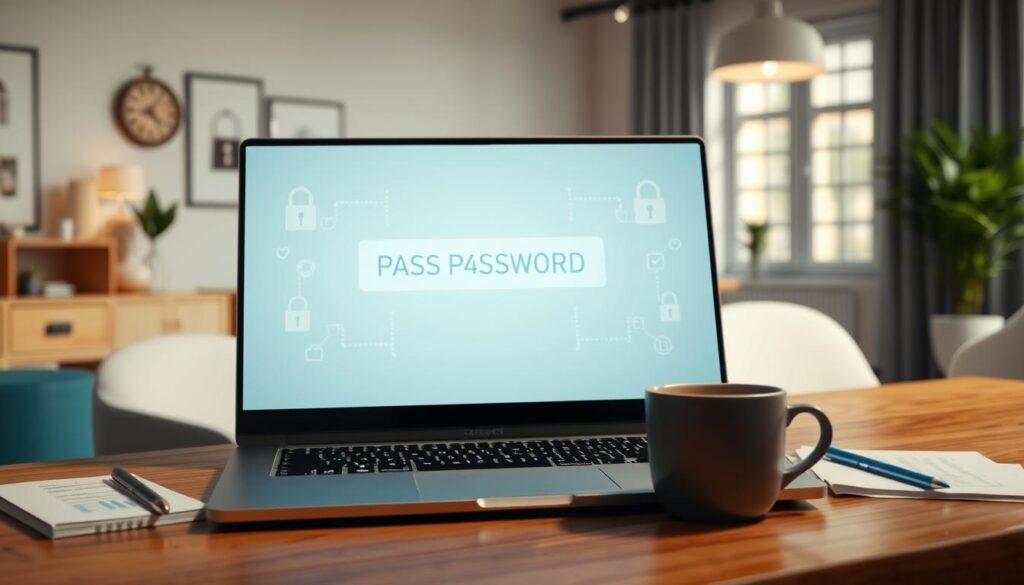 A digital scene depicting a modern password generator interface on a sleek laptop screen. In the foreground, the laptop is open on a stylish wooden desk, surrounded by notes and a coffee cup. The middle ground features a softly glowing screen displaying a complex, colorful password being generated, with graphical elements like locks and keys subtly illustrated around it. The background shows a contemporary office space with minimalist decor, softly lit by natural light from a nearby window, creating an inviting and productive atmosphere. The focus is on usability and innovation, conveying a sense of security and modern technology. A digital scene depicting a modern password generator interface on a sleek laptop screen. In the foreground, the laptop is open on a stylish wooden desk, surrounded by notes and a coffee cup. The middle ground features a softly glowing screen displaying a complex, colorful password being generated, with graphical elements like locks and keys subtly illustrated around it. The background shows a contemporary office space with minimalist decor, softly lit by natural light from a nearby window, creating an inviting and productive atmosphere. The focus is on usability and innovation, conveying a sense of security and modern technology.