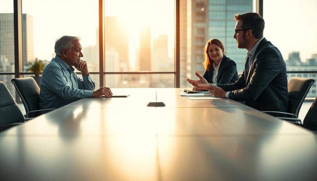 A dramatic office setting bisected by a large conference table, with a soft focus on a modern, sleek desk in the foreground. On one side sits a middle-aged insurance agent in professional attire, attentively listening. On the opposite side, a client dressed in smart casual clothing gestures as they discuss details thoughtfully. The background features a large window showing a cityscape, with warm sunlight streaming through, casting a golden hue over the scene. The atmosphere is collaborative and engaging, highlighting the exchange of ideas. Use a lens that captures both the foreground expressions and the distant backdrop, creating a sense of depth, while maintaining a soft bokeh effect. Make sure the lighting emphasizes the warm tones, symbolizing understanding and agreement.