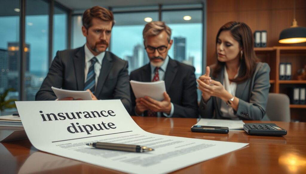 A focused visualization of a formal dispute over car repair costs, set in an office environment. In the foreground, a professional-looking document titled "Insurance Dispute" is prominently displayed on a polished wooden desk. Beside the document, a pen and a calculator hint at calculations being made. In the middle ground, a concerned middle-aged professional man in a business suit is engaged in a discussion with a female claims adjuster, who is also dressed in professional attire. Both are examining the paper with thoughtful expressions. The background features a well-lit modern office with shelves holding legal books and a window showing a bustling cityscape. The atmosphere is tense but respectful, reflecting the seriousness of the insurance dispute. The lighting is soft and warm, creating an inviting yet serious mood. A focused visualization of a formal dispute over car repair costs, set in an office environment. In the foreground, a professional-looking document titled "Insurance Dispute" is prominently displayed on a polished wooden desk. Beside the document, a pen and a calculator hint at calculations being made. In the middle ground, a concerned middle-aged professional man in a business suit is engaged in a discussion with a female claims adjuster, who is also dressed in professional attire. Both are examining the paper with thoughtful expressions. The background features a well-lit modern office with shelves holding legal books and a window showing a bustling cityscape. The atmosphere is tense but respectful, reflecting the seriousness of the insurance dispute. The lighting is soft and warm, creating an inviting yet serious mood.