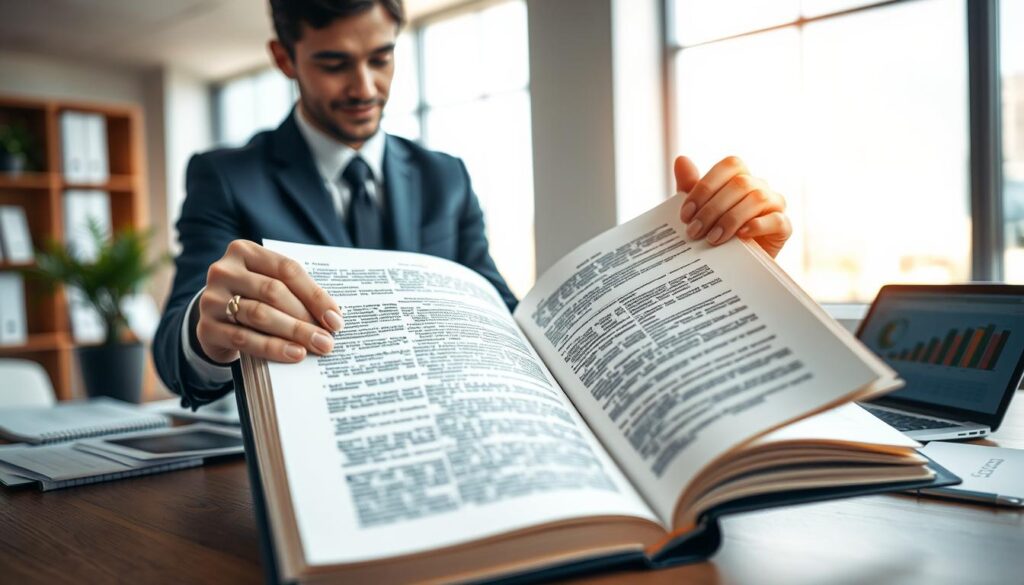 A legal professional in business attire examining a large, open book filled with complex legal texts, symbolizing "interpretation of legal regulations." In the foreground, focus on their thoughtful expression and well-groomed hands flipping through the pages. In the middle ground, include a cluttered desk with legal documents, a laptop displaying graphs and tables, and a decorative plant. In the background, a bright, modern office setting with large windows allowing natural light to fill the room, casting soft shadows. The overall mood should be one of diligence and concentration, reflecting the importance of understanding legal changes. Use a warm color palette, emphasizing clarity and professionalism, with a slightly blurred effect on the background to draw attention to the foreground activities.