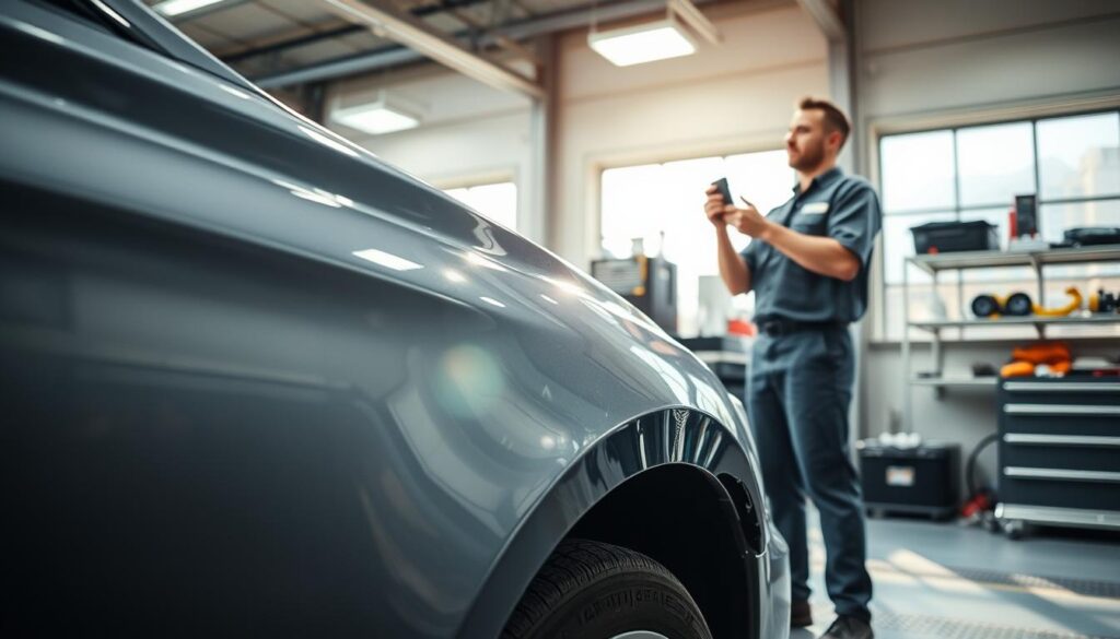 A meticulously repaired car, showcasing evidence of past damage while still in use. In the foreground, a close-up of the car's well-maintained exterior, revealing subtle signs of previous repair work. In the middle ground, a mechanic in professional attire inspects the vehicle, holding a diagnostic tool, demonstrating the technical expertise involved. The background features a well-organized auto repair shop with tools and equipment neatly arranged. Natural daylight streams in through large windows, creating a warm, inviting atmosphere that highlights the importance of technical assessment in vehicle repair. The overall mood is one of trust and professionalism, emphasizing the reliability of post-accident vehicles when expertly restored.