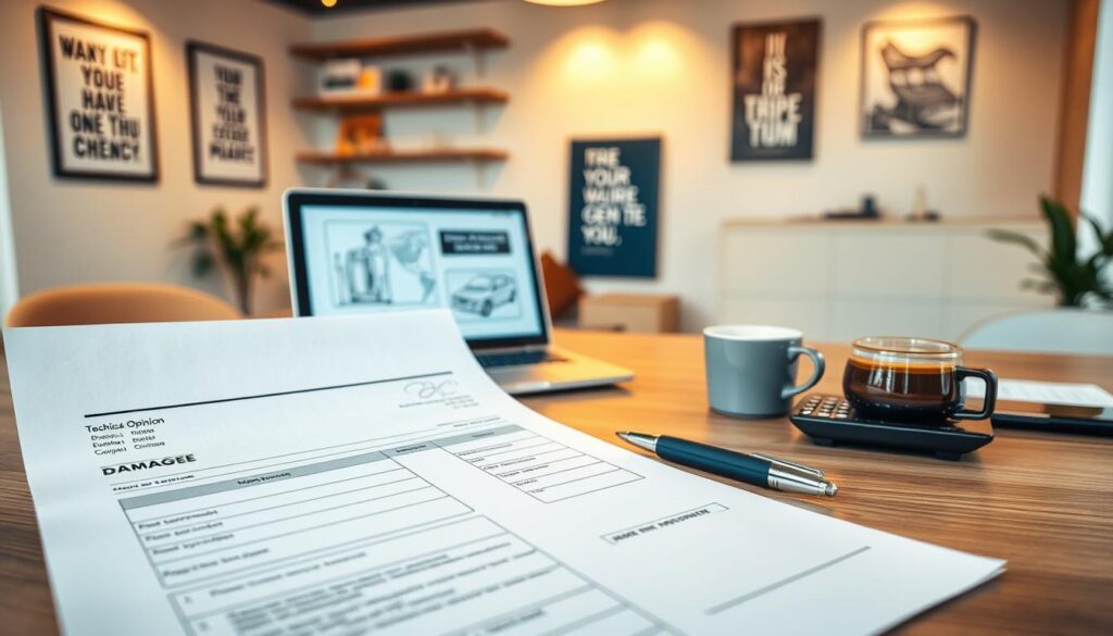 A modern office desk scene showcasing a technical opinion invoice and damage documents prominently in the foreground. The documents should have clean lines, with a focus on detailed annotations and signature spaces, conveying professionalism. In the middle ground, a laptop is open with a technical drawing on the screen, surrounded by a pen, a calculator, and a cup of coffee, creating a workspace atmosphere. The background features a softly lit, contemporary office with motivational posters and shelving, suggesting an environment of expertise and diligence. The lighting is warm and inviting, casting soft shadows, and the entire composition conveys a mood of seriousness and professionalism, perfect for discussions on technical expertise in accident compensation.