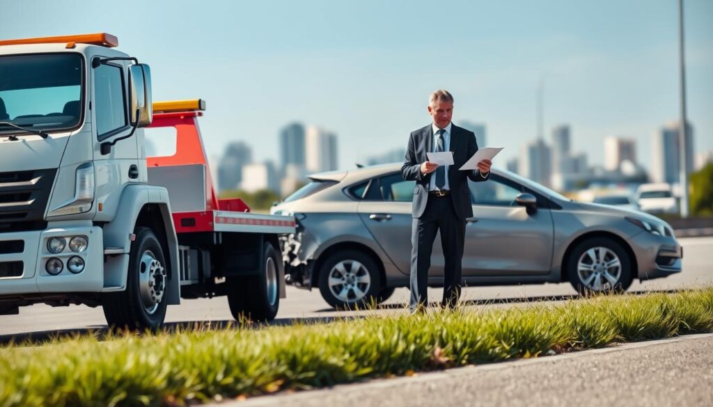 A modern roadside scene illustrating the concept of towing related to insurance. In the foreground, a clean, professional-looking tow truck is parked beside a damaged vehicle, showcasing its detailed exterior. Next to the tow truck, a well-dressed insurance agent, wearing a suit, is examining documents while engaged in conversation with the vehicle owner, who is casually dressed. In the middle ground, a clear blue sky contrasts with the vibrant green grass on the roadside. The background features blurred outlines of an urban landscape to signify a typical city environment. The lighting is bright and natural, creating a cheerful yet professional atmosphere. The scene captures the essence of collaboration between towing services and insurance, emphasizing safety and support. A modern roadside scene illustrating the concept of towing related to insurance. In the foreground, a clean, professional-looking tow truck is parked beside a damaged vehicle, showcasing its detailed exterior. Next to the tow truck, a well-dressed insurance agent, wearing a suit, is examining documents while engaged in conversation with the vehicle owner, who is casually dressed. In the middle ground, a clear blue sky contrasts with the vibrant green grass on the roadside. The background features blurred outlines of an urban landscape to signify a typical city environment. The lighting is bright and natural, creating a cheerful yet professional atmosphere. The scene captures the essence of collaboration between towing services and insurance, emphasizing safety and support.