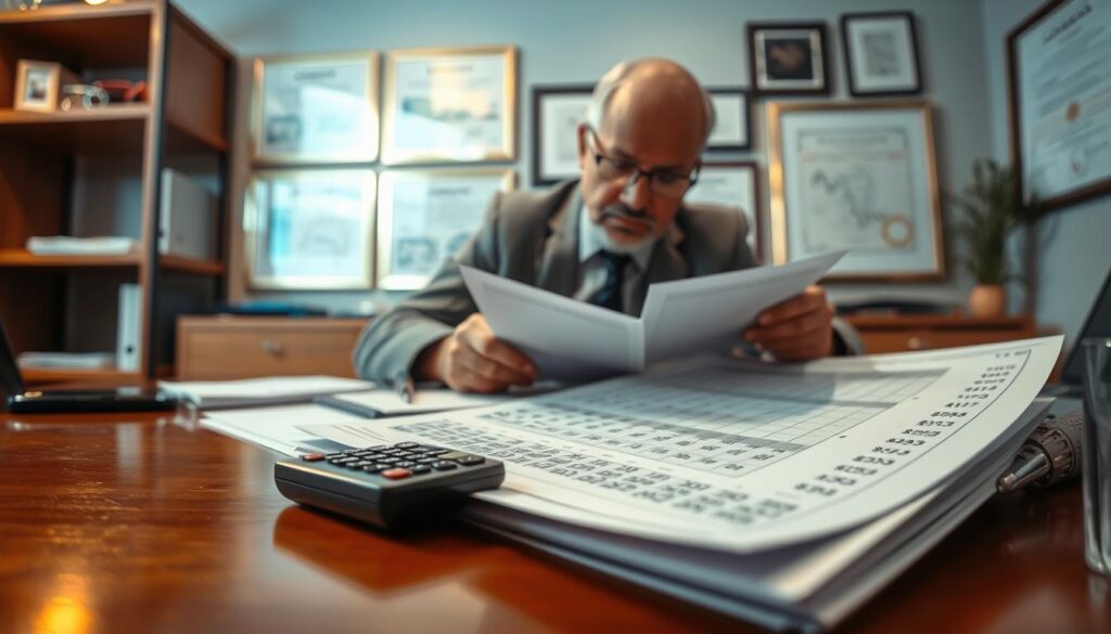 A professional and detailed scene illustrating a cost estimate for repairs justifying an insurance claim. In the foreground, a close-up view of a detailed repair cost breakdown document spread across a polished wooden desk, with a calculator and pen nearby. The middle ground features a person in business attire, a middle-aged man, focused on reviewing the document, analyzing figures with a thoughtful expression. In the background, there is a softly blurred office environment with shelves holding technical reports and framed certificates, conveying credibility. The lighting is warm and focused, creating a serious and professional atmosphere. The angle is slightly overhead, emphasizing the document and the person's engagement with the task at hand.