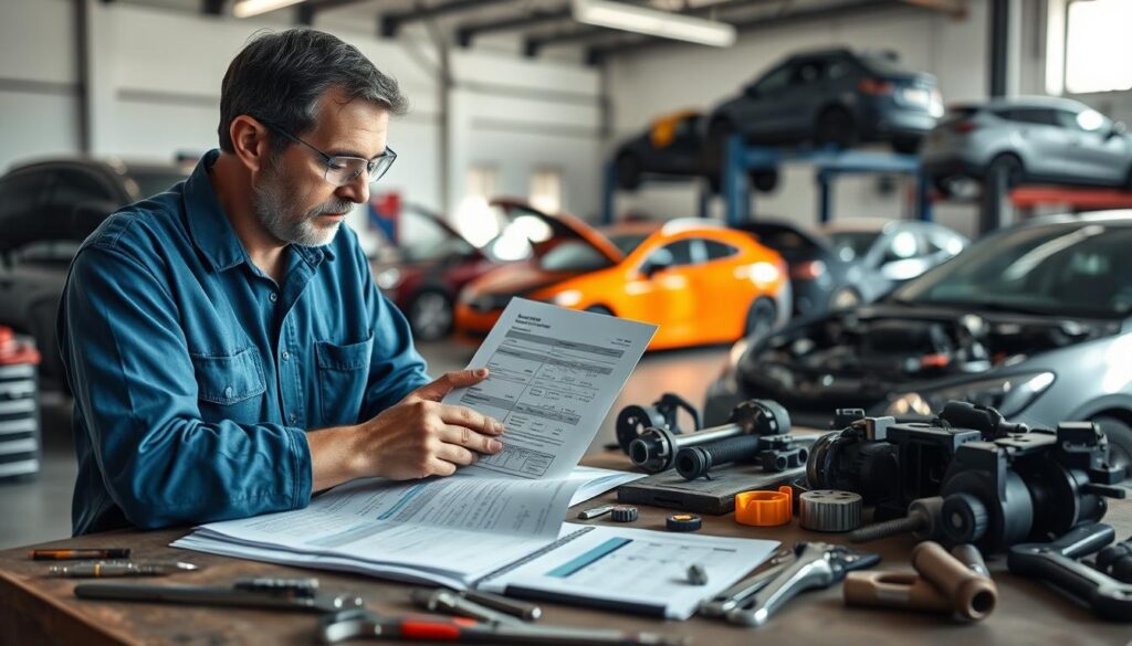 A professional and detailed scene illustrating an independent analysis comparing the costs of car repair. In the foreground, a focused middle-aged mechanic wearing a blue work shirt and safety goggles closely examines a detailed cost estimate document spread on a workbench. On the middle layer, several tools and car parts are organized neatly, reflecting a busy workspace ambiance. The background features a well-lit garage with cars in various states of repair, providing context. Natural light filters through a window, casting soft shadows. The overall atmosphere is one of thorough investigation and professionalism, emphasizing the importance of accurate estimation in automotive repairs. The angle is a slightly elevated view, capturing both the mechanic's concentration and the organized chaos of the garage.