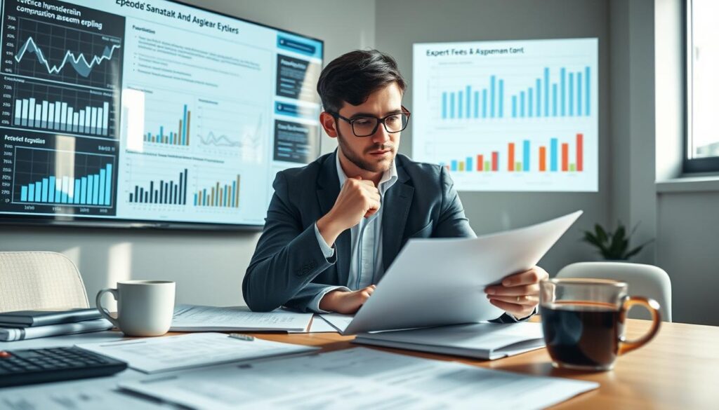 A professional and detailed scene illustrating the concept of "Zestawienie honorarium rzeczoznawcy i kosztów ekspertyzy." In the foreground, a neatly arranged desk with financial documents, a calculator, and a cup of coffee. In the middle, a focused business professional, dressed in business attire, reviews the documents with a thoughtful expression. Surrounding them are detailed charts and graphs on a digital screen in the background, projecting data related to expert fees and assessment costs. Soft natural light streams in from a nearby window, casting gentle shadows. The atmosphere is serious yet productive, reflecting the importance of technical expertise in compensation assessments. The overall composition is balanced, emphasizing the professionalism and analytical nature of the work.