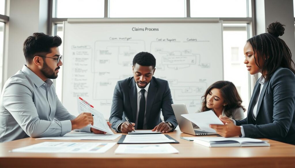 A professional and engaging scene depicting the "claims process," set in a modern office environment. In the foreground, a diverse group of three professionals, dressed in smart business attire, are focused on reviewing documents and discussing strategies. One person is highlighting important points on a large chart, while another takes notes on a laptop. The middle ground features a whiteboard filled with flowcharts and checklists related to claims processing, emphasizing clarity and organization. In the background, large windows let in soft, natural light, creating a bright and open atmosphere. The mood reflects teamwork and diligence, conveying a sense of purpose and urgency in the claims investigation. The composition should be framed from a slightly elevated angle to capture the activity at the table and the overall office setting.