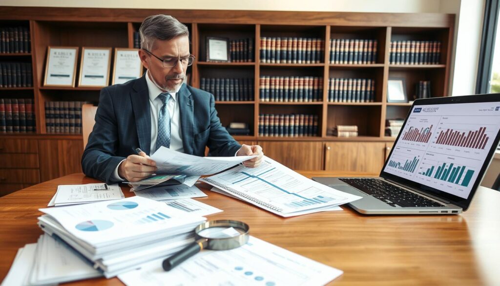 A professional appraiser sits at a sleek wooden desk in a well-lit office, intently comparing a detailed repair cost estimate with a damage assessment report. In the foreground, the appraiser, a middle-aged man in a tailored suit, uses a calculator while jotting down notes on a notepad. The middle ground features neatly organized stacks of documents, a magnifying glass, and a laptop displaying relevant charts and graphs. The background includes an elegant bookshelf filled with legal texts and certificates, illuminated by natural light streaming through a large window. The atmosphere is focused and diligent, conveying professionalism and attention to detail. The overall color palette is warm and inviting, enhancing the serious yet constructive mood of the scene. A professional appraiser sits at a sleek wooden desk in a well-lit office, intently comparing a detailed repair cost estimate with a damage assessment report. In the foreground, the appraiser, a middle-aged man in a tailored suit, uses a calculator while jotting down notes on a notepad. The middle ground features neatly organized stacks of documents, a magnifying glass, and a laptop displaying relevant charts and graphs. The background includes an elegant bookshelf filled with legal texts and certificates, illuminated by natural light streaming through a large window. The atmosphere is focused and diligent, conveying professionalism and attention to detail. The overall color palette is warm and inviting, enhancing the serious yet constructive mood of the scene.