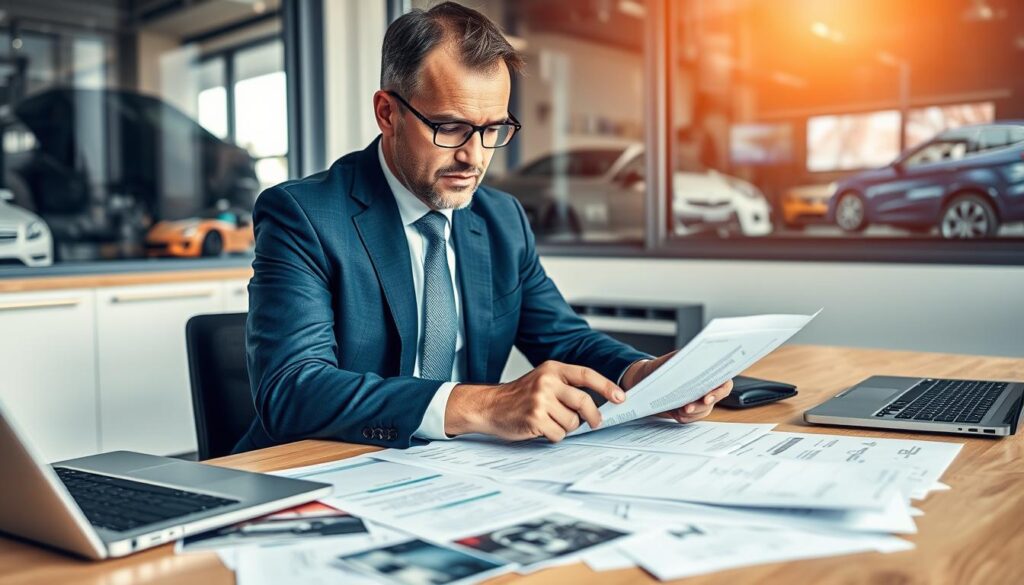 A professional automotive expert, dressed in a smart business suit, meticulously reviews documentation for a car damage assessment in a modern office setting in Germany. In the foreground, a neat desk is scattered with detailed repair estimates, photographs of a damaged vehicle, and a laptop. The middle ground captures the expert focused intently on paperwork, with a large window behind them showcasing a bright day outside, casting soft natural light across the scene. In the background, you can glimpse high-tech equipment and imagery of vehicles, suggesting a bustling atmosphere of assessment and analysis. The mood is serious and professional, reflecting a commitment to accuracy and thoroughness in technical expertise. The overall color palette is warm and inviting, enhancing the focus on the expert's diligent work.