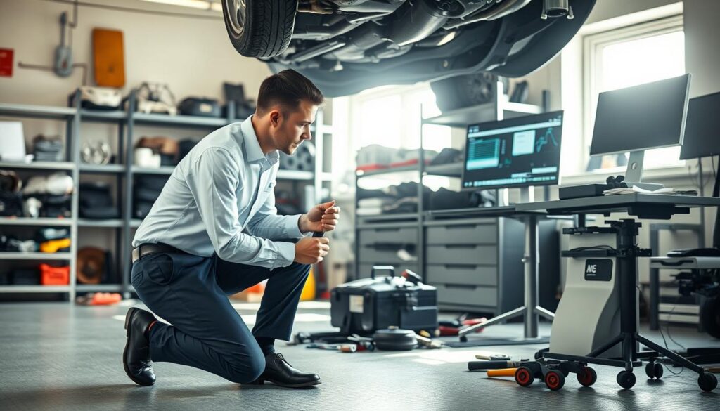 A professional automotive expert examining a car's hidden damages in a brightly lit garage. In the foreground, the expert, dressed in a crisp white shirt and navy trousers, kneels beside the vehicle, using a flashlight to inspect the undercarriage. The middle ground showcases a well-organized workspace with tools scattered and a diagnostic computer displaying graphical data. In the background, shelves filled with various automotive parts hint at the garage's extensive resources. Soft, natural light filters through a nearby window, creating a focused and serious atmosphere. The overall mood conveys professionalism and attention to detail, emphasizing the meticulous nature of technical assessments in compensation cases.