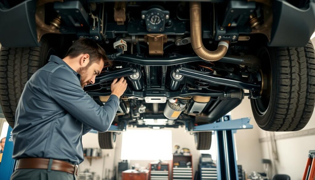 A professional automotive expert inspecting a vehicle's underside, meticulously examining the chassis for damages. The foreground features the expert dressed in a smart, casual outfit, focused on the vehicle’s suspension systems. In the middle, the vehicle is elevated on a hydraulic lift, revealing intricate mechanical components, including the undercarriage and potential damage areas. The background shows a well-organized garage with tools and inspection equipment. Soft, natural lighting illuminates the scene, creating a conducive work atmosphere, while an angled perspective highlights both the expert’s concentration and the complexities of the vehicle's structure. The overall mood conveys professionalism and attention to detail in technical expertise. A professional automotive expert inspecting a vehicle's underside, meticulously examining the chassis for damages. The foreground features the expert dressed in a smart, casual outfit, focused on the vehicle’s suspension systems. In the middle, the vehicle is elevated on a hydraulic lift, revealing intricate mechanical components, including the undercarriage and potential damage areas. The background shows a well-organized garage with tools and inspection equipment. Soft, natural lighting illuminates the scene, creating a conducive work atmosphere, while an angled perspective highlights both the expert’s concentration and the complexities of the vehicle's structure. The overall mood conveys professionalism and attention to detail in technical expertise.