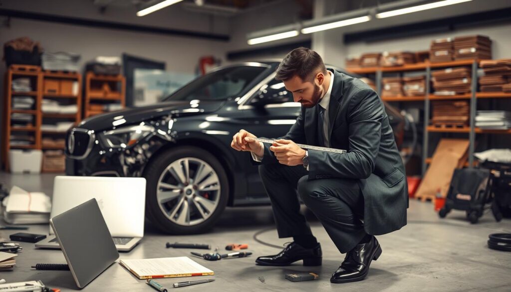 A professional automotive expert meticulously inspecting a damaged car in a well-lit garage environment. The foreground features the expert, dressed in a smart business outfit, crouching beside a luxury sedan, using a measuring tool to document visible damages on the vehicle’s side panels. In the middle ground, scattered professional tools and technology, like laptops and diagnostic equipment, create a realistic workshop feel. The background includes shelves stacked with automotive manuals and repair parts, enhancing the technical atmosphere. Soft, ambient lighting illuminates the scene, casting subtle shadows that add depth, and a slight depth of field effect blurs the background for focus on the expert's detailed examination. The overall mood is one of professionalism, diligence, and technical expertise, fitting the context of automotive evaluation and assessment. A professional automotive expert meticulously inspecting a damaged car in a well-lit garage environment. The foreground features the expert, dressed in a smart business outfit, crouching beside a luxury sedan, using a measuring tool to document visible damages on the vehicle’s side panels. In the middle ground, scattered professional tools and technology, like laptops and diagnostic equipment, create a realistic workshop feel. The background includes shelves stacked with automotive manuals and repair parts, enhancing the technical atmosphere. Soft, ambient lighting illuminates the scene, casting subtle shadows that add depth, and a slight depth of field effect blurs the background for focus on the expert's detailed examination. The overall mood is one of professionalism, diligence, and technical expertise, fitting the context of automotive evaluation and assessment.