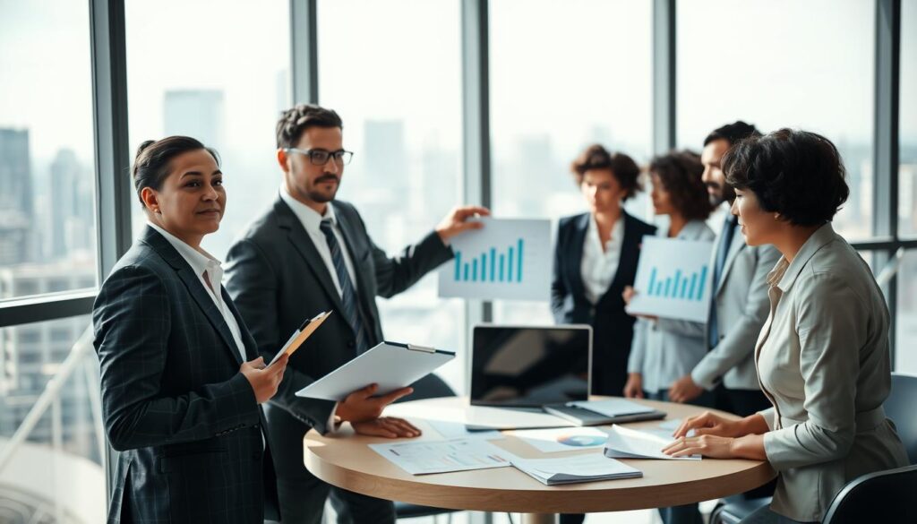 A professional business setting depicting a diverse group of people engaged in a discussion about decision verification. In the foreground, two individuals in smart business attire, one holding a clipboard and the other pointing to a chart on a digital screen, display analytical expressions. In the middle ground, a round table with papers and a laptop showcases various reports and charts, symbolizing the examination of decisions by an insurer. The background features a large window view of a city skyline, bathed in soft, natural light, creating a bright and optimistic atmosphere. The focus is on collaboration and critical thinking, emphasizing the independence and scrutiny of opinions in decision-making processes. The overall mood is serious yet constructive, highlighting professionalism and diligence.