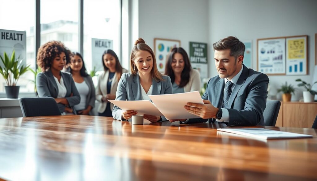 A professional business setting featuring a diverse group of individuals discussing personal injury claims. In the foreground, a woman in a smart grey blazer and a man in a navy suit are reviewing documents at a polished wooden conference table, their expressions serious yet hopeful. In the middle ground, a large window lets in natural light, illuminating charts and graphs related to health compensation on the walls. The background shows a soft-focus modern office with potted plants and motivational posters. The atmosphere is focused and professional, conveying the importance of understanding one’s rights regarding personal injury claims. The lighting is bright and even, creating a sense of clarity and purpose, captured from a slightly elevated angle to emphasize collaboration and discussion.
