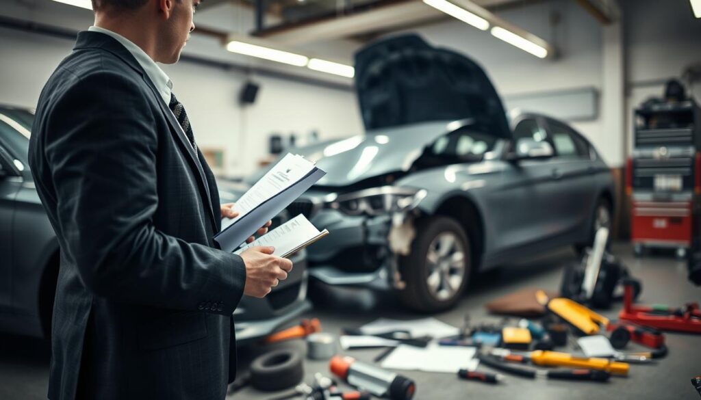 A professional car appraiser assessing a damaged personal vehicle in Germany, focusing on the intricacies of the car's bodywork post-accident. In the foreground, the appraiser, dressed in a formal suit, examines the vehicle with a clipboard in one hand and a measuring tool in the other. The middle ground shows the car, its front-end visibly crumpled, with a variety of tools and technical equipment scattered around. In the background, a garage setting with soft, diffused lighting, illuminating the scene to emphasize the analytical nature of the appraisal process. The atmosphere should convey professionalism and thoroughness, hinting at the importance of independent technical expertise after an accident. The angle should be slightly elevated, capturing both the appraiser’s focused expression and the condition of the vehicle. A professional car appraiser assessing a damaged personal vehicle in Germany, focusing on the intricacies of the car's bodywork post-accident. In the foreground, the appraiser, dressed in a formal suit, examines the vehicle with a clipboard in one hand and a measuring tool in the other. The middle ground shows the car, its front-end visibly crumpled, with a variety of tools and technical equipment scattered around. In the background, a garage setting with soft, diffused lighting, illuminating the scene to emphasize the analytical nature of the appraisal process. The atmosphere should convey professionalism and thoroughness, hinting at the importance of independent technical expertise after an accident. The angle should be slightly elevated, capturing both the appraiser’s focused expression and the condition of the vehicle.