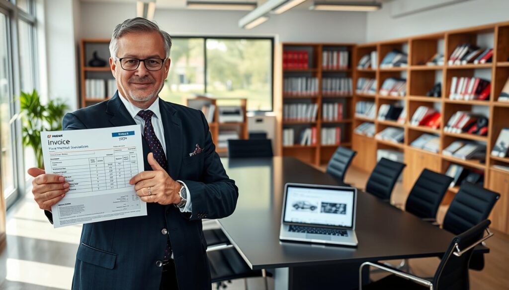 A professional expert in business attire stands confidently in the foreground, gesturing toward a detailed document that displays the positions of an invoice for a vehicle evaluation. The expert, a middle-aged man with glasses, has a focused expression, showcasing his knowledge. In the middle ground, a modern office setting is visible, featuring a sleek conference table with a laptop open, displaying technical diagrams of a vehicle. The background includes bookshelves lined with technical manuals and a large window allowing natural light to illuminate the space, creating a warm and inviting atmosphere. The overall mood conveys professionalism and expertise, suitable for a technical discussion. No text or symbols will be present.